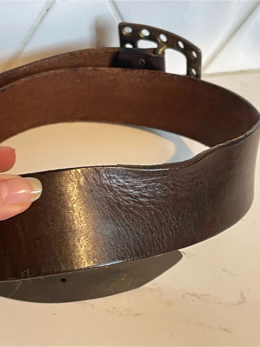 Women's Dark Brown Leather Belt with Brass Studded Buckle